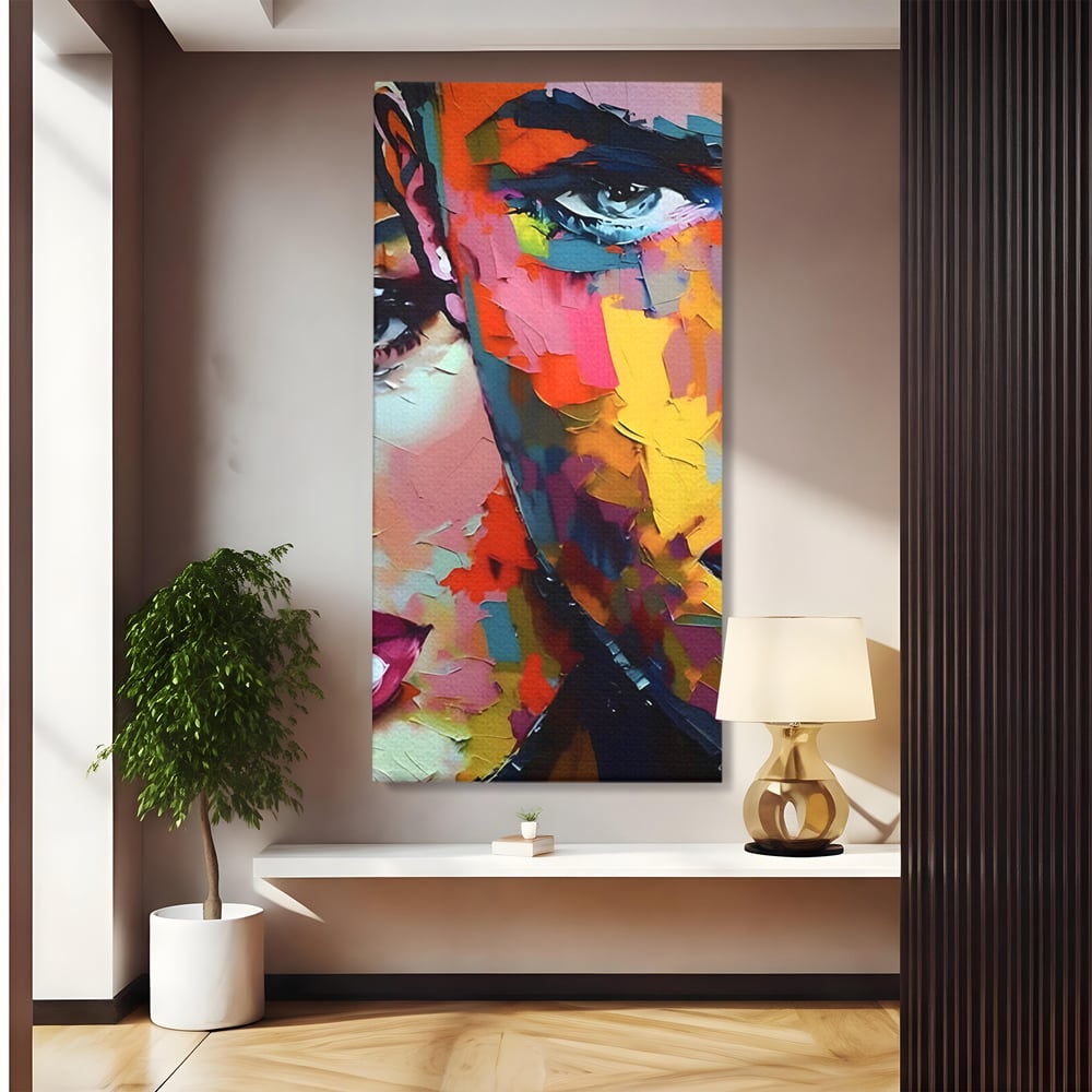 Tablou canvas cu tablou canvas cu chipuri in culori vibrante, fara rama, pe sasiu de lemn